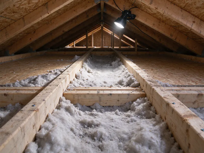 Blown insulation raked back from the top plate of an interior wall between ceiling joists in the attic of an Austin slab house