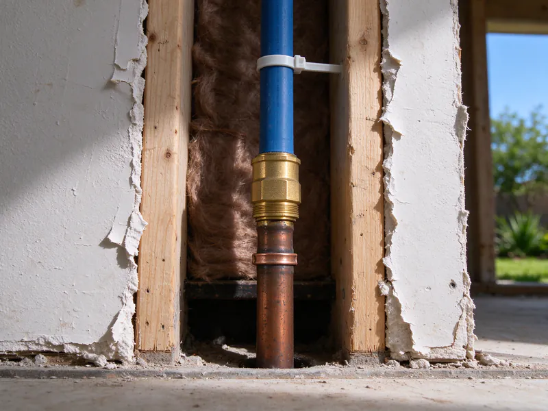 A brass transition fitting joining old copper to new blue PEX inside an opened bathroom wall in an Austin house