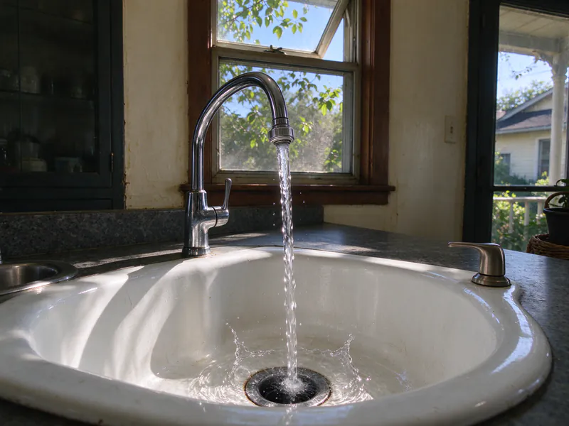 Clear water running from a chrome kitchen faucet into a white sink in an older Austin house
