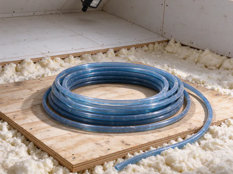 A coil of blue PEX tubing on a plywood walk board over blown insulation in the attic of an Austin slab house