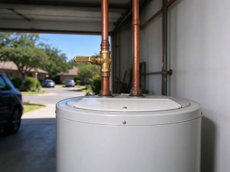 The cold inlet valve on a water heater turned off to isolate the hot side in an Austin garage