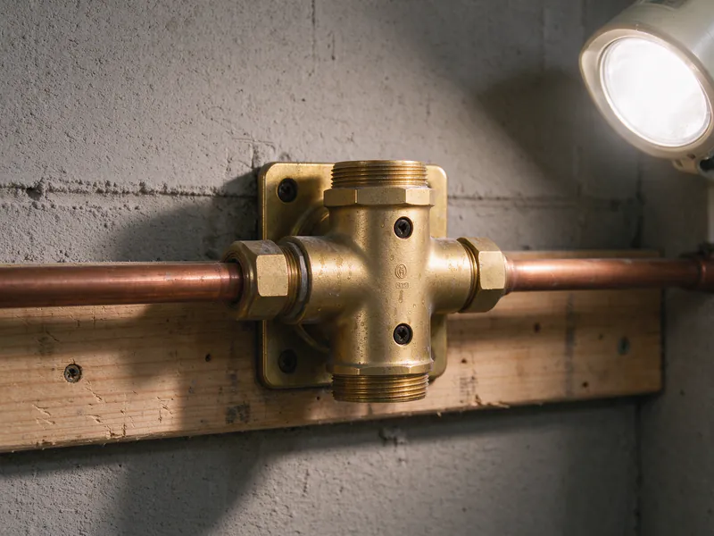 Copper press fittings and a soldered joint joining new copper supply lines to a shower valve in an opened Austin bathroom wall