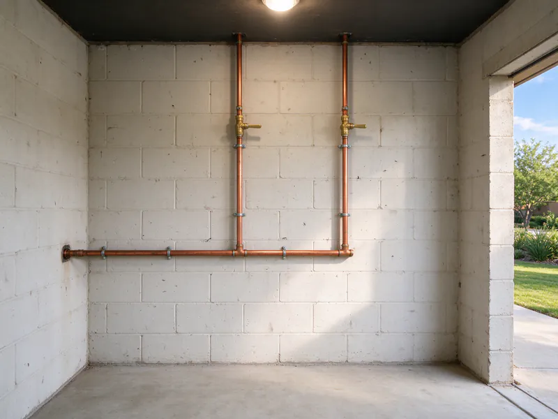 Copper riser shutoff valves on a water header in the mechanical closet of an Austin apartment building