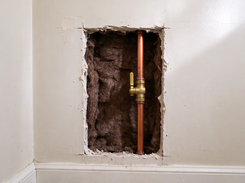 A copper water line with an inline brass shutoff valve inside an access opening cut in a painted bathroom wall of an Austin apartment