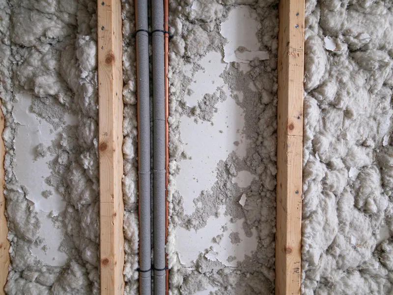 Copper water lines in gray foam insulation strapped along a ceiling joist in the attic of an Austin slab house