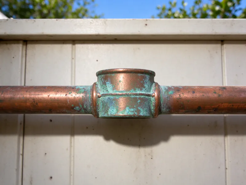 Corroded green crust on old copper supply joints inside a kitchen sink cabinet in an Austin house