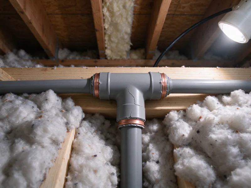 A cracked gray polybutylene tee with copper crimp rings in the attic of an Austin house