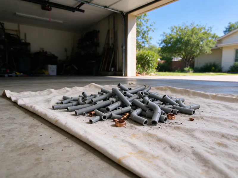 Cut pieces of removed gray polybutylene pipe on a drop cloth in an Austin garage