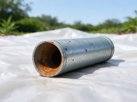 Cut section of old galvanized steel water pipe showing rust scale narrowing the bore, beside new PEX tubing in the crawlspace of an older Austin house