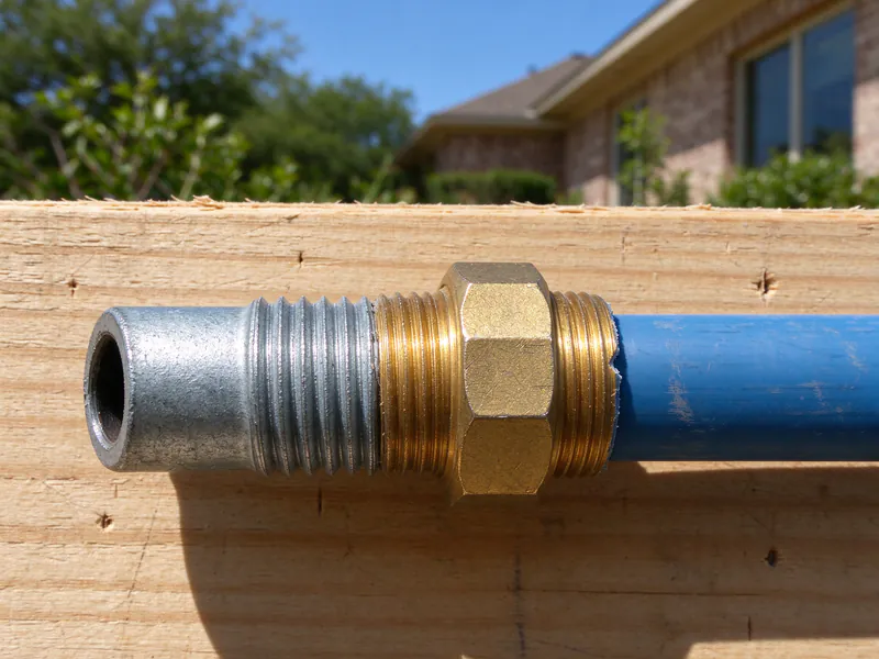 A dielectric transition fitting joining an old galvanized stub to new PEX in the crawlspace of an older Austin house