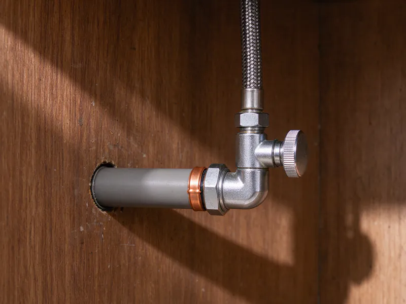 A gray polybutylene supply stub with a copper crimp ring feeding a chrome angle stop under a sink in a 1980s Austin house