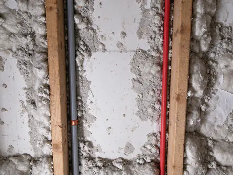 Gray polybutylene water lines with copper crimp rings running across attic framing above a 1980s Austin house, next to a new red PEX line