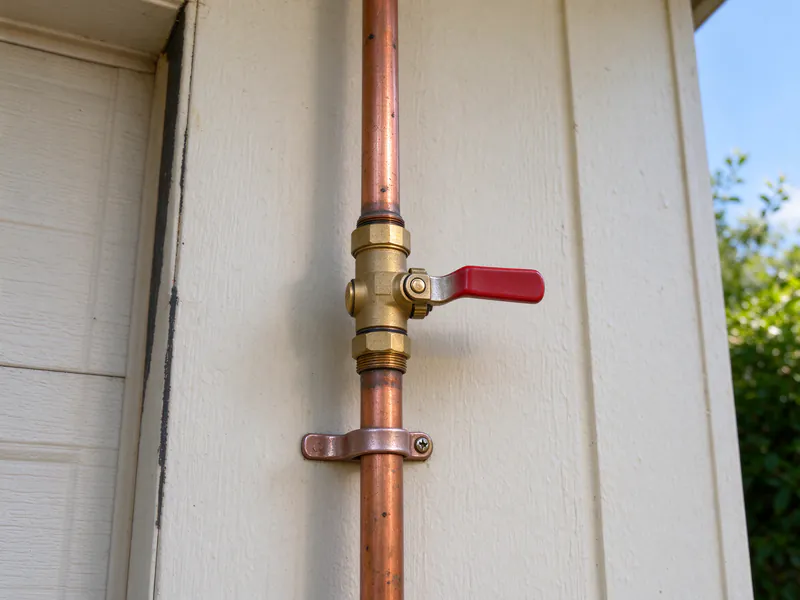 A main water shutoff ball valve turned to the closed position on a copper line on the wall beside the garage door of an Austin house