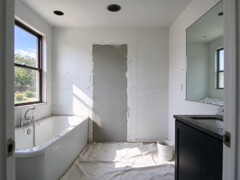 A mudded drywall patch beside the tub in an Austin bathroom, a drop cloth still on the floor