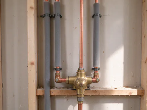 New copper supply lines with press fittings and pipe insulation running between framing in an opened bathroom wall of an Austin house