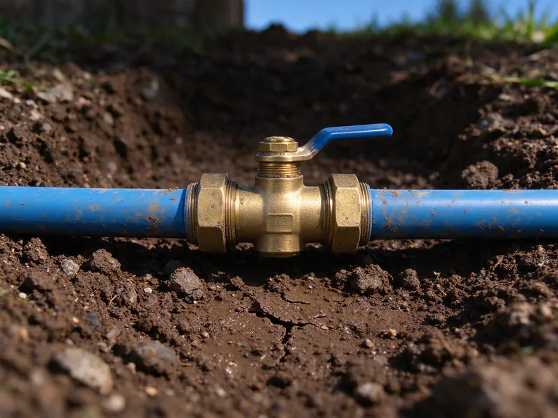 A new customer shutoff valve on a blue PEX service line just outside the meter box at an Austin curb
