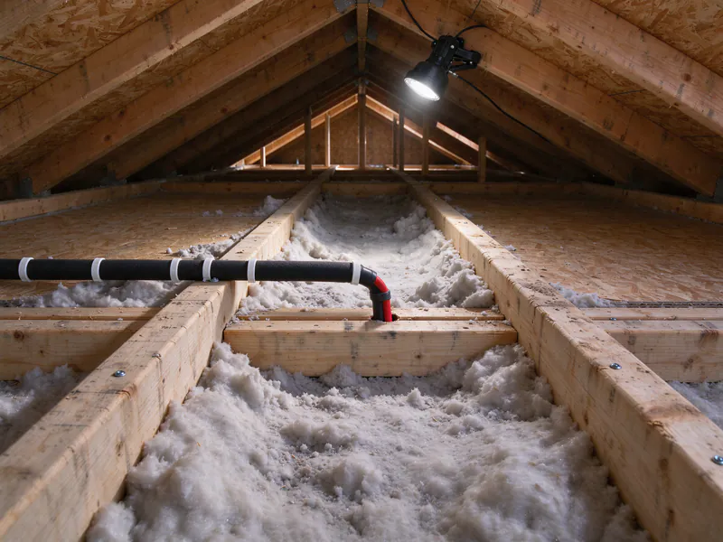 A new insulated PEX hot water line clipped across the attic framing and dropping into a drilled hole in the wall top plate in the same Austin attic