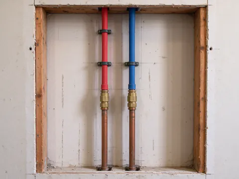 New red and blue PEX lines joined to older copper pipe with brass transition fittings inside an opened bathroom wall in an Austin house
