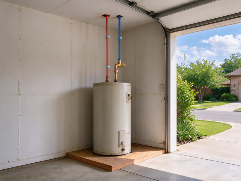 New red and blue PEX lines with a shutoff valve above the same water heater in an Austin garage
