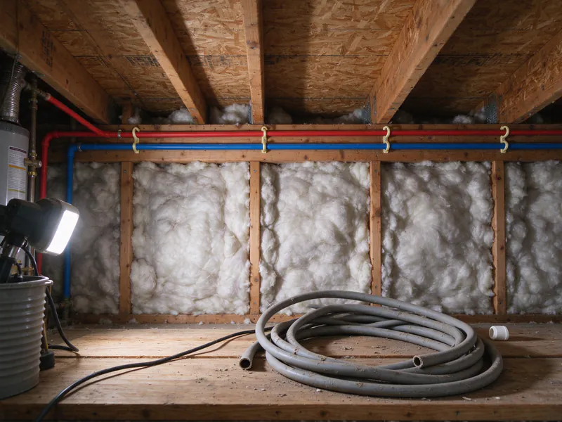 New red and blue PEX run in clips along attic framing near the water heater, with removed gray polybutylene coiled on the attic floor of an Austin house