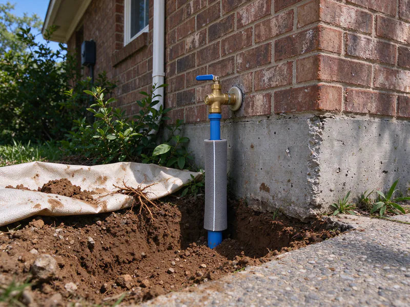 New water service line rising from the trench to a shutoff valve at the foundation of a brick Austin house