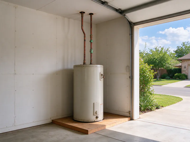 Old copper hot and cold lines with patched repair couplings above a water heater in an Austin garage