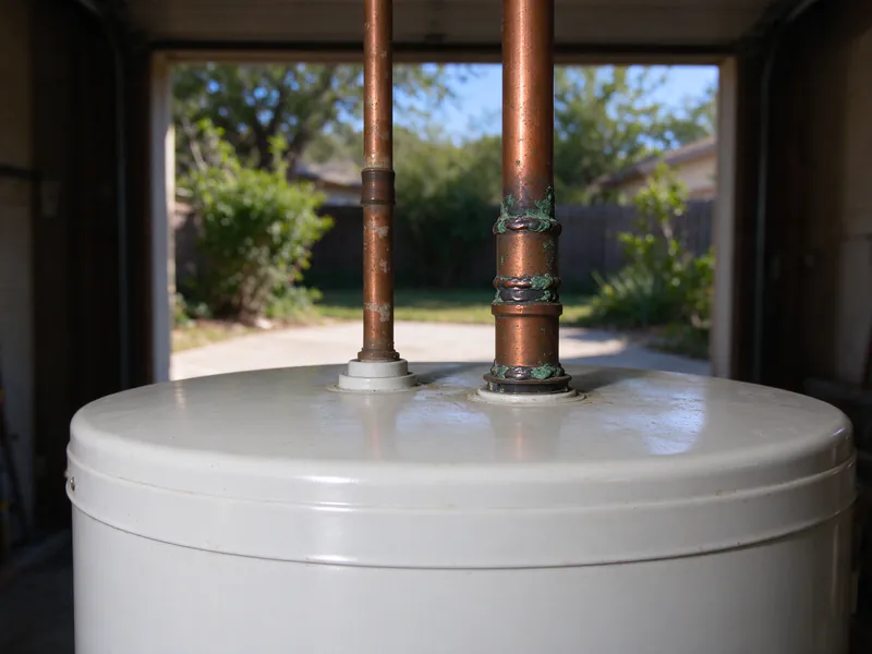 Old copper lines with repair couplings on top of a water heater in an Austin garage