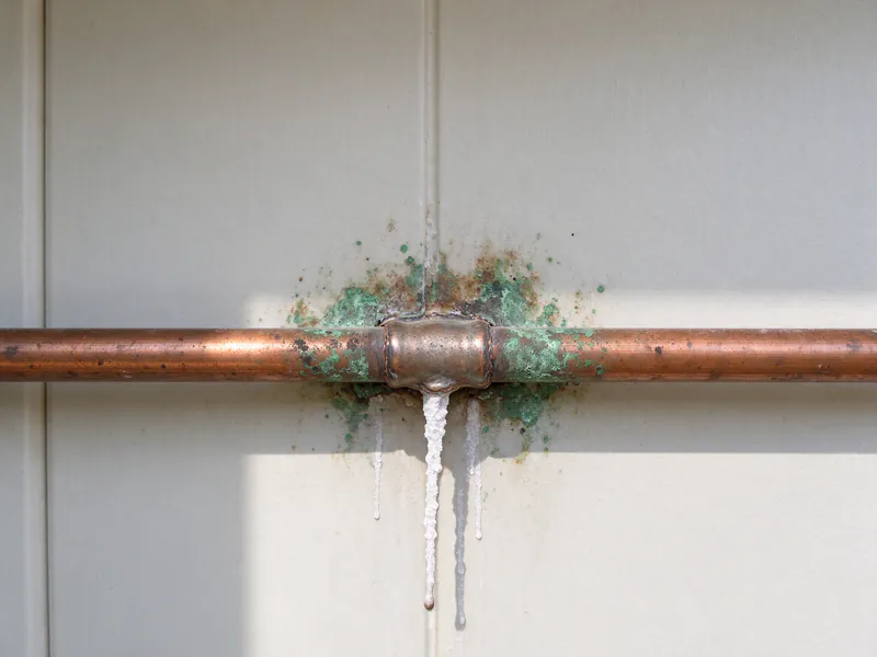 Old copper supply stubs with green corrosion under a bathroom vanity in an Austin house
