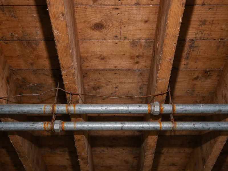Old galvanized water pipes with rusted threaded joints hanging under the floor joists in the crawlspace of a pier-and-beam Austin house