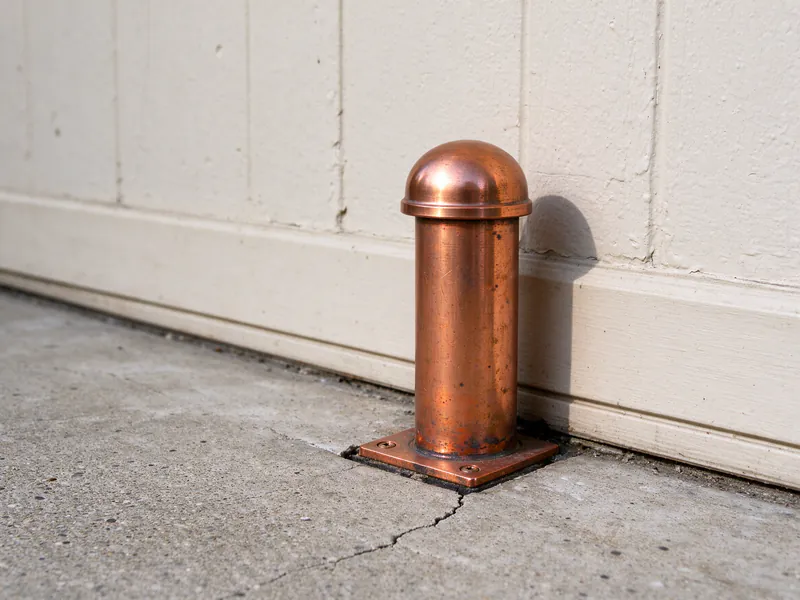 An old under-slab copper line cut and capped at the slab in an Austin garage after a reroute