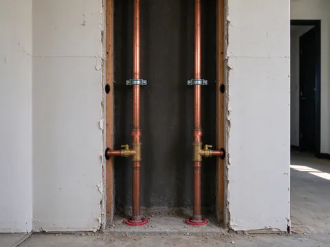 Opened chase wall in a two-story Austin apartment building showing new copper water risers with valves at the floor line and red fire-stop sealant around the pipe