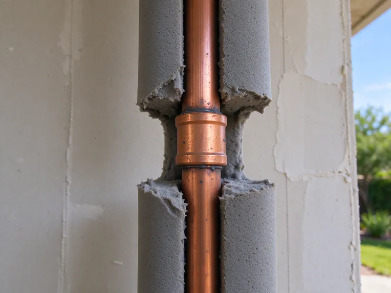 A pressure test gauge on new copper supply lines inside an opened bathroom wall of an Austin house before the wall is closed