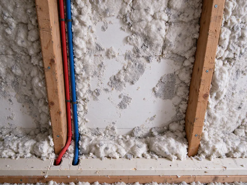 Red and blue PEX branches dropping through a top plate toward the kitchen in the attic of a single-story Austin house