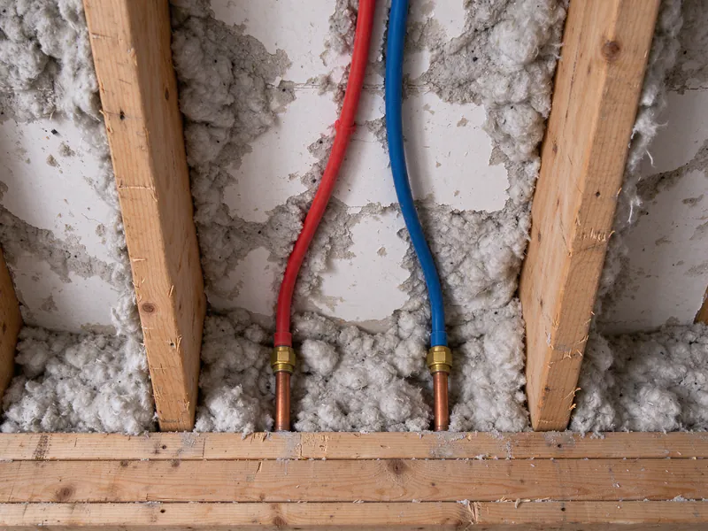 Red and blue PEX joined to short copper stubs with brass transition fittings at a wall top plate in the attic of an Austin slab house