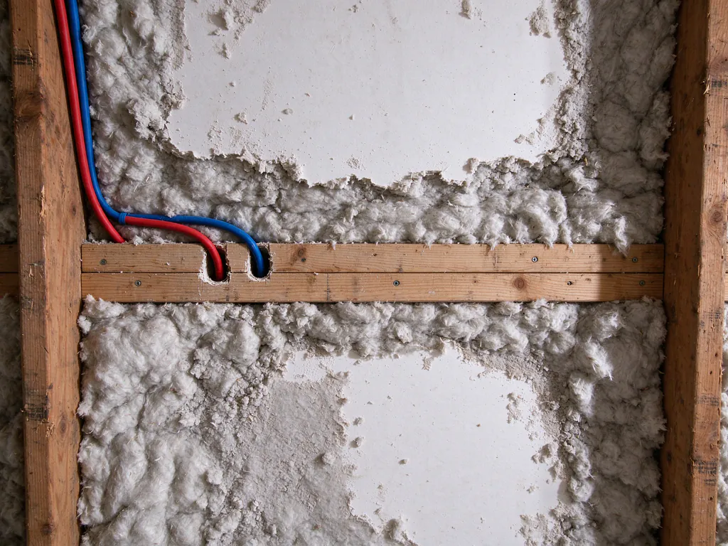 Red and blue PEX lines clipped to ceiling joists in the attic of a one-story Austin slab house, dropping through the top plate of an interior wall toward a bathroom