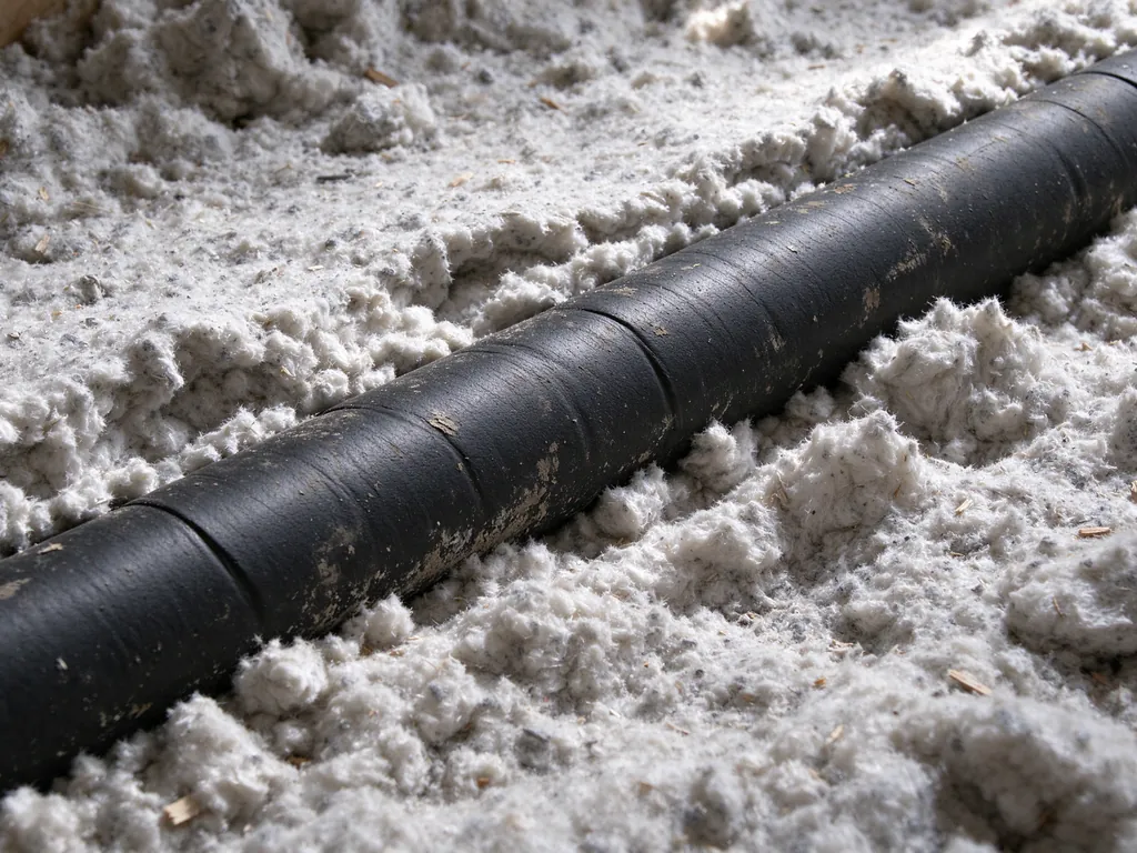 Red and blue PEX lines in black foam insulation sleeves laid low across ceiling joists in a Central Texas attic, tucked under blown-in insulation away from the roof deck