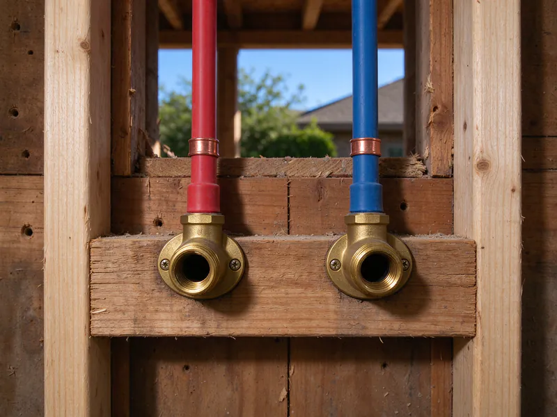 Red and blue PEX lines ending at brass drop-ear elbows screwed to wood blocking inside an opened wall in an Austin house
