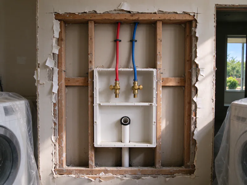 Red and blue PEX lines feeding a recessed washer box inside an opened laundry wall in an Austin house