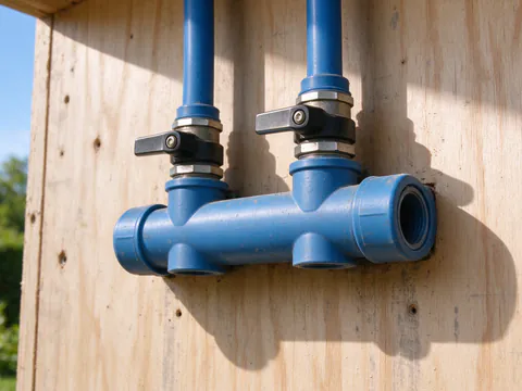 Red and blue PEX lines rising from wall-mounted hot and cold manifolds with individual shutoff valves beside the water heater in the garage of an Austin house