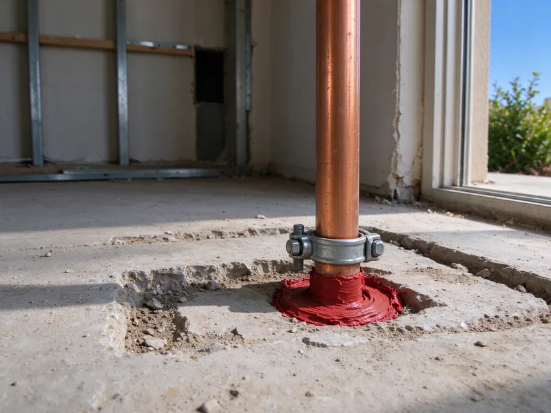 Red fire-stop sealant around a new copper riser where it passes through the floor of an Austin apartment building