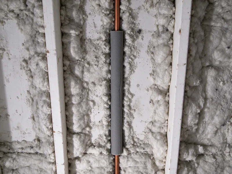 A repaired copper water line with a foam-sleeved section lying in blown insulation between ceiling joists in an Austin attic