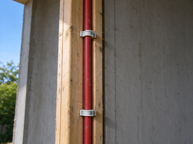 A rerouted red PEX hot line dropping down an opened interior wall to the shower in an Austin slab house