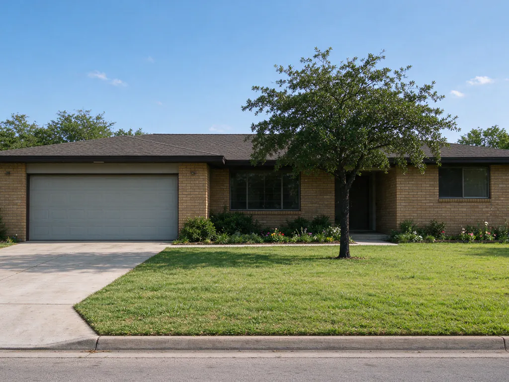 A single-story brick ranch house with an attached two-car garage and a young live oak in the front yard on a quiet street in south Austin