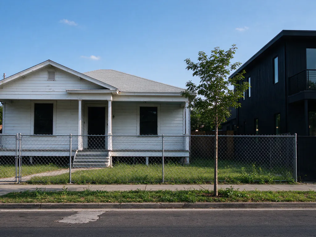 A small 1950s frame house with a low-pitched roof and a chain-link fence beside a newer two-story infill house on an East Austin street