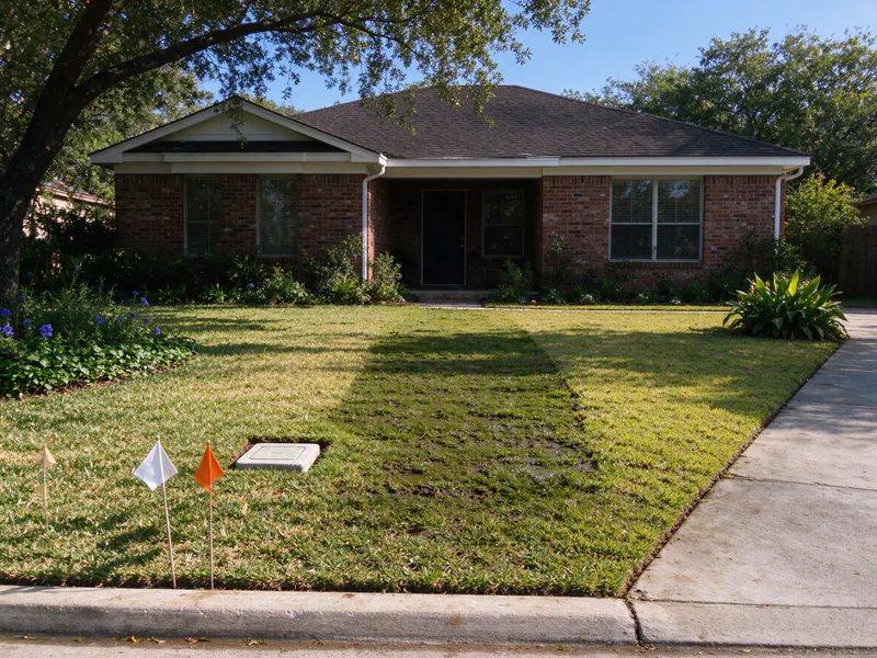 A soggy strip of lawn between the meter box and the house, with utility locate flags near the curb in an Austin front yard