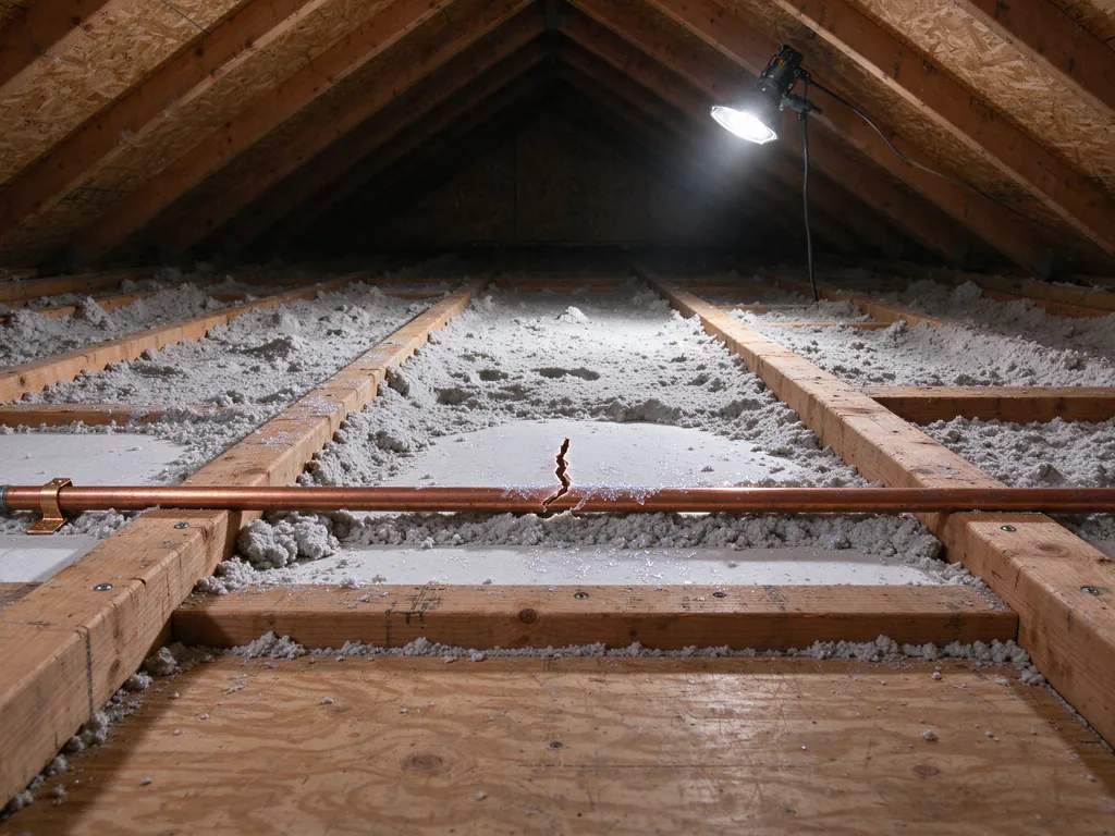 A split section of copper water pipe with frost on the attic insulation around it, opened up beside a ceiling joist in an Austin house after a hard freeze