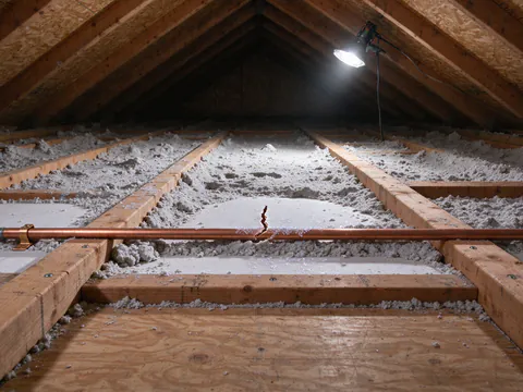 A split section of copper water pipe with frost on the attic insulation around it, opened up beside a ceiling joist in an Austin house after a hard freeze