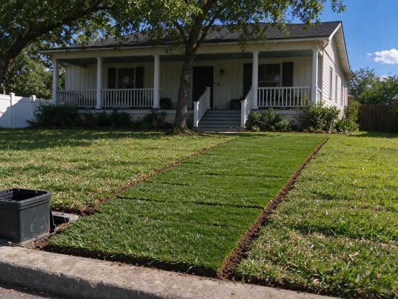 A strip of fresh sod laid across an Austin front lawn from the curb toward the house over a backfilled water line trench