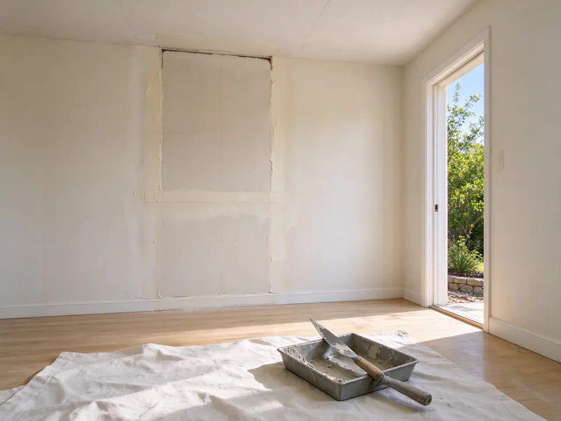 A taped and mudded drywall patch drying on a wall in an Austin house, with a mud pan and drywall knife on a drop cloth