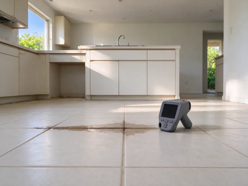 A thermal camera on the tile floor beside a damp grout line in the kitchen of an Austin slab house